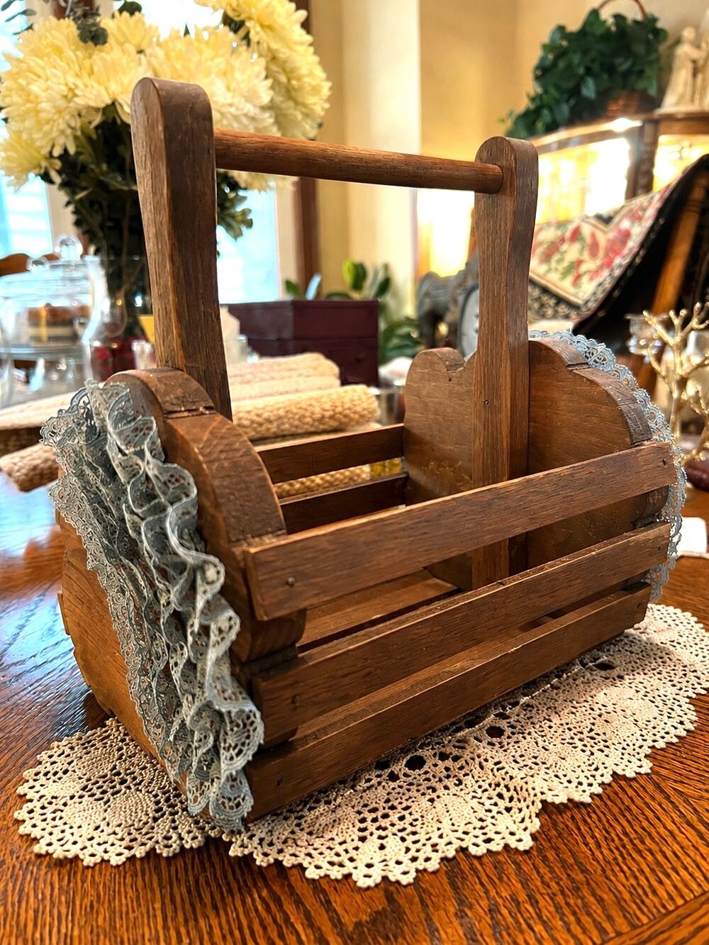 Solid Wood Basket with Handle & Blue Lace Detail - Granny/Cottage Decor